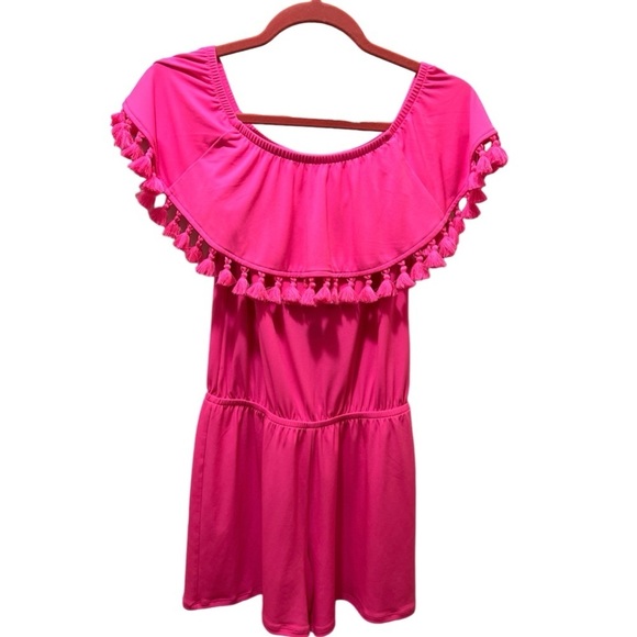 Lilly Pulitzer La Fortuna Off Shoulder Romper hot pink Tassels - Picture 5 of 15